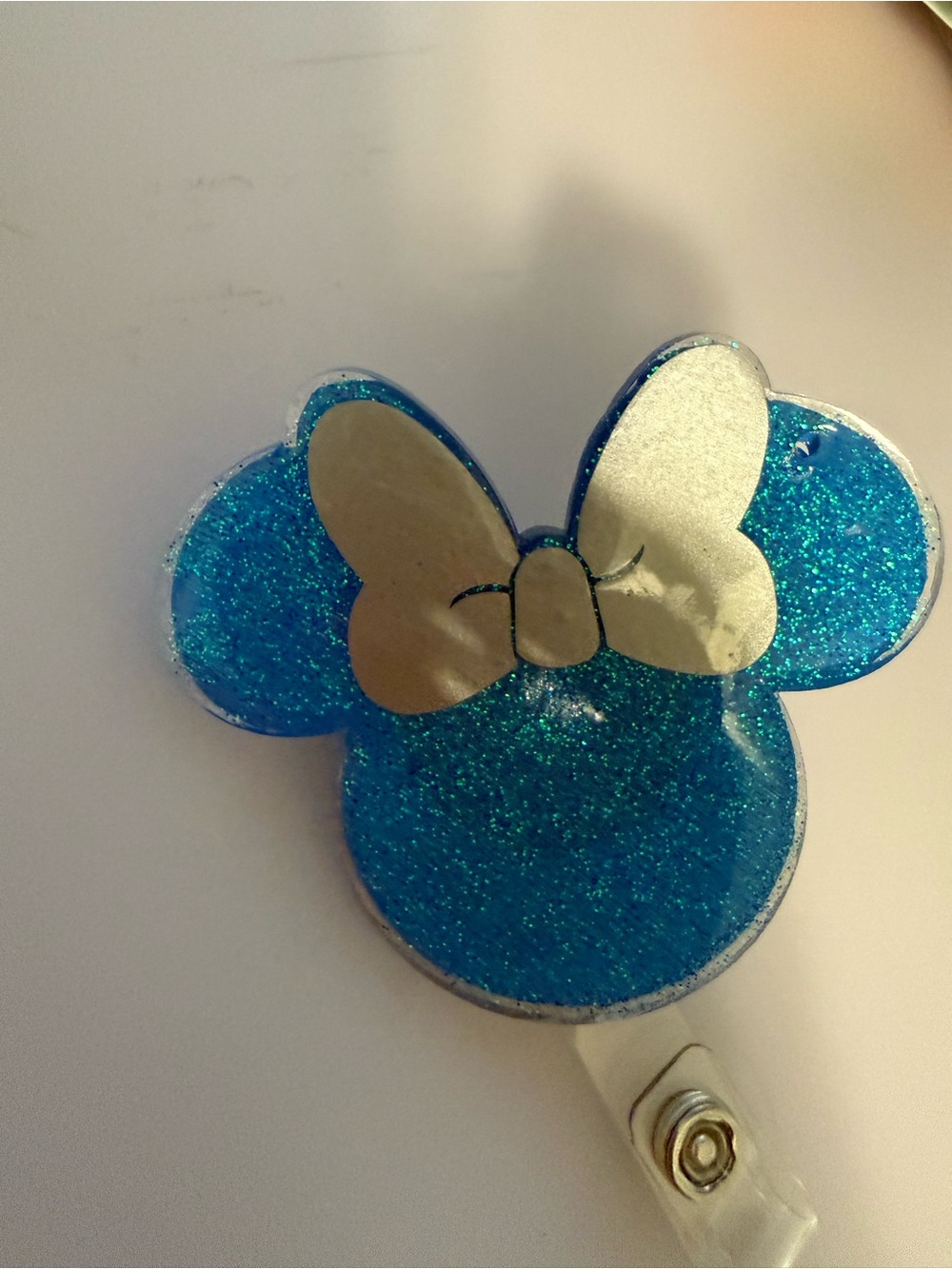 Blue Glitter Mouse Ear Badge Reel with Gold Bow
